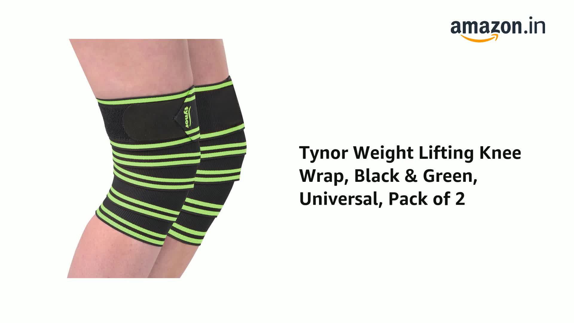 TYNOR Weight Lifting Knee Wrap, Black & Green, Universal, 1 Pair